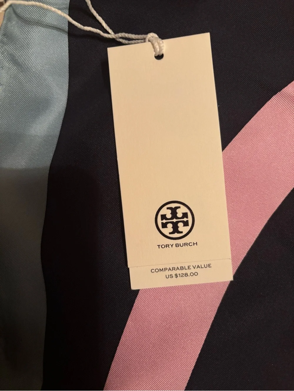 Tory Burch Colorblock Logo Silk Scarf in Pink, Green, Brown, Navy